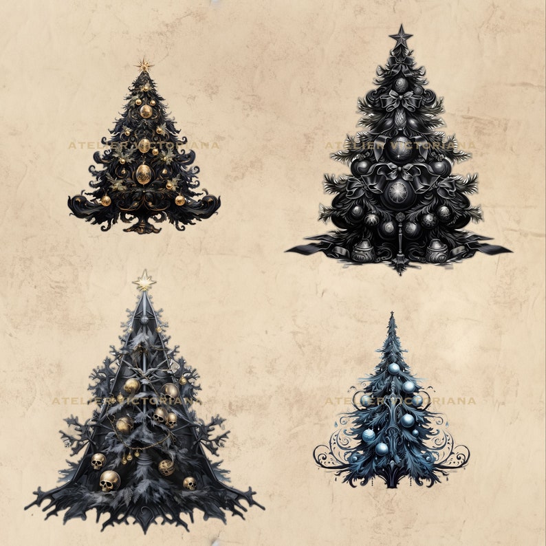 Gothic Christmas Tree Clipart Bundle, Perfect for Christmas Invitation