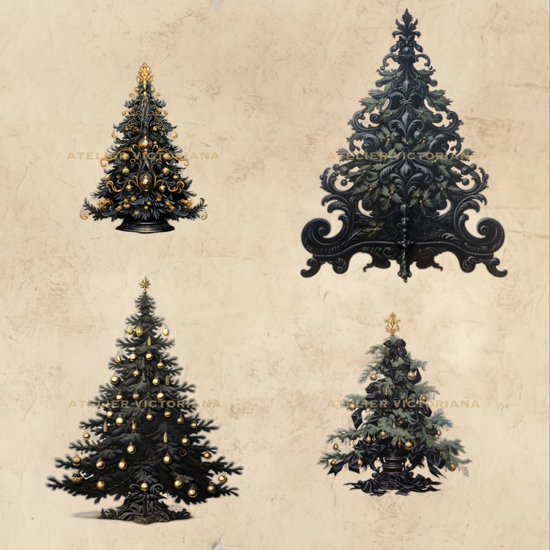 Gothic Christmas Tree Clipart Bundle, Perfect for Christmas Invitation
