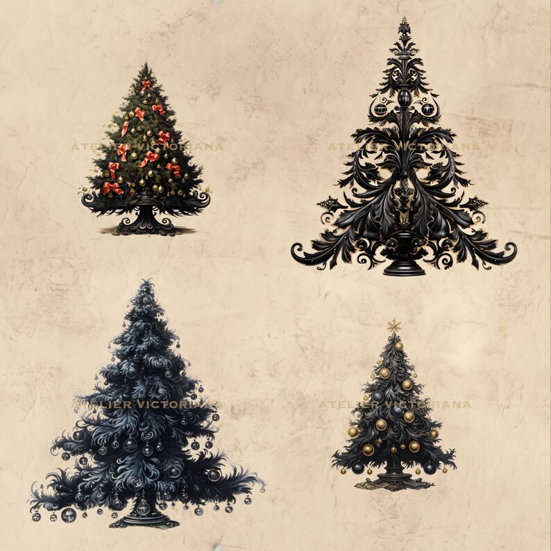 Gothic Christmas Tree Clipart Bundle, Perfect for Christmas Invitation