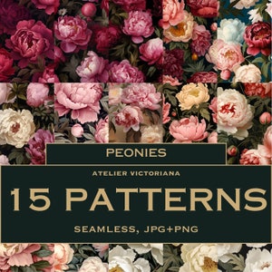 Pioenrozen naadloze patroonbundel, romantisch digitaal papier met bloemmotief voor ongewenste tijdschriften, pioenrozen digitaal papierpakket