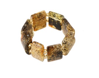Polished Baltic Amber Ring on Elastic, Adjustable Band