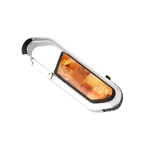 May include: A silver key chain with a carabiner clip and a rectangular amber stone inlay.