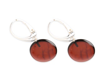 Cognac Polished Round Baltic Amber Drop Earrings with 925 Sterling Silver / Baltic Amber Elegant Drop  Earrings with Sterling Silver 925
