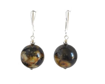 Green Baltic Amber Round Dangle Earrings - 925 Sterling Silver