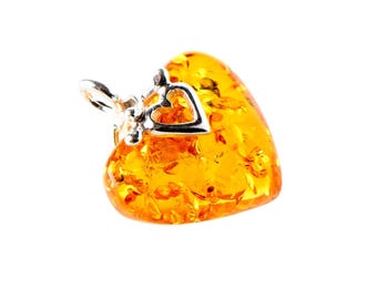 Baltic Honey Amber Heart Pendant, 925 Sterling Silver
