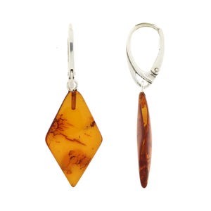 Cognac Baltic Amber Rhombus Drop Earrings - 925 Sterling Silver