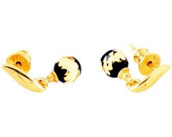 Boucles D'oreilles Argent 925 Avec Cabochon Ambre Orange Rond - Occasion, Fabrication Française