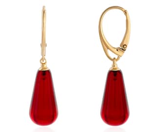 Elegant Baltic Amber Dangle Earrings - Gold Plated 925 Sterling Silver - Red, Cherry, Milky