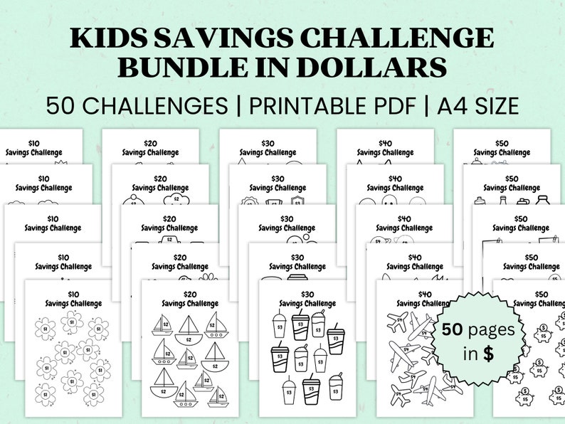 50 Kids Money Savings Challenge Bundle, Printable A4 Savings Trackers, Sinking Fund Trackers, Savings Challenge For Children, Dollars image 1