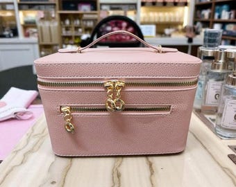 Trousse de maquillage rose en similicuir - Organiseur de cosmétiques de voyage de luxe