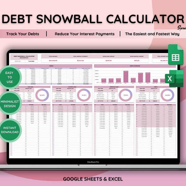 Schulden-Schneeball-Rechner-Tabelle Google Sheets Schuldentilgungs-Tracker Schuldenzahlungs-Tracker Schuldenfreier Planer Schuldenrechner-Tabelle