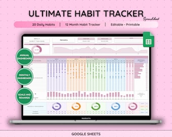 May include: A laptop screen displaying a spreadsheet with a pink and white color scheme. The spreadsheet is titled "Ultimate Habit Tracker" and includes sections for daily habits, monthly progress, and goals and rewards. The spreadsheet is designed to help users track their progress towards their goals.