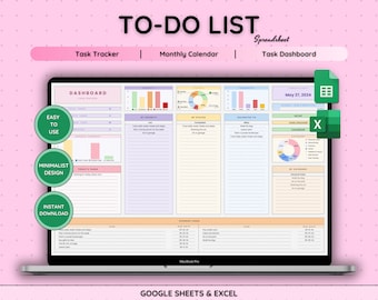 To-Do List Task Tracker, Excel Google Sheets Template (Digital Download)