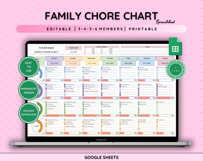 Printable Chore Chart Google Sheet Excel Template Planner, Family Chore ...