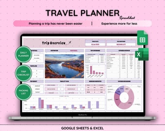 May include: A laptop screen displaying a spreadsheet with a travel planner template. The spreadsheet includes sections for daily planner, trip checklist, packing list, trip overview, top spending, currency converter, expenses breakdown, and expenses overview. The spreadsheet is titled "Travel Planner Spreadsheet" and the tagline is "Planning a trip has never been easier | Experience more for less".