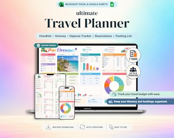 May include: An ultimate travel planner digital template for Microsoft Excel and Google Sheets. The display shows a laptop, tablet, and smartphone screen with a trip overview, itinerary, expense tracker, checklist, and packing list.