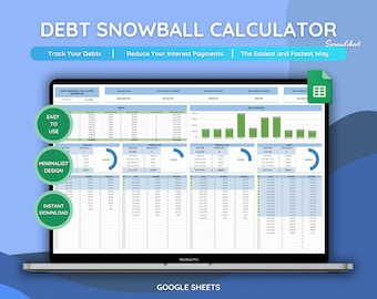 Peut inclure: Un écran d'ordinateur portable affichant un tableur Google Sheets intitulé "Calculateur de boule de neige de la dette". Le tableur est conçu pour aider les utilisateurs à suivre leurs dettes, à réduire les paiements d'intérêts et à rembourser leurs dettes plus rapidement. Le tableur comprend un graphique montrant le solde total de chaque dette, le montant total payé et les intérêts totaux payés. Le tableur comprend également un graphique montrant la progression du remboursement de chaque dette.