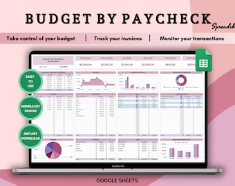 May include: A laptop screen displaying a Google Sheets spreadsheet titled "Budget by Paycheck". The spreadsheet is designed to help users track their income, expenses, and savings. The spreadsheet has a minimalist design with a pink and purple color scheme. The spreadsheet includes charts and graphs to visualize financial data.
