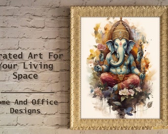 Lord Ganesha and Flowers, Watercolour, Classy, Vintage, Poster, Hinduism, Sacred, Digital Art, Home Décor