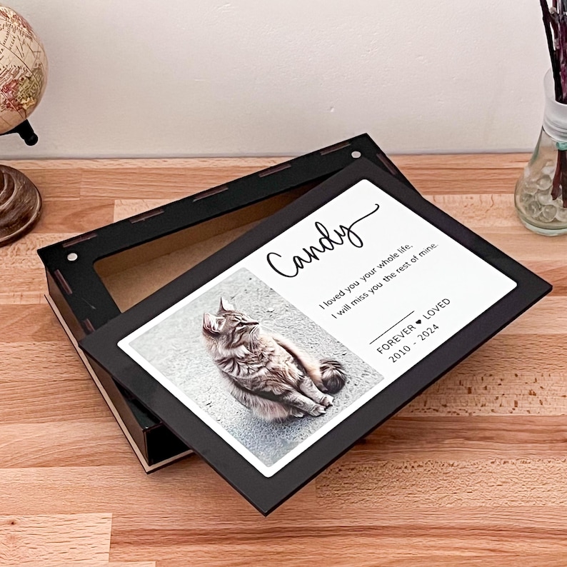Pet urn wood with photo, cat dog ashes keepsake, custom ashes urn for cat, pet cremation urns image 2
