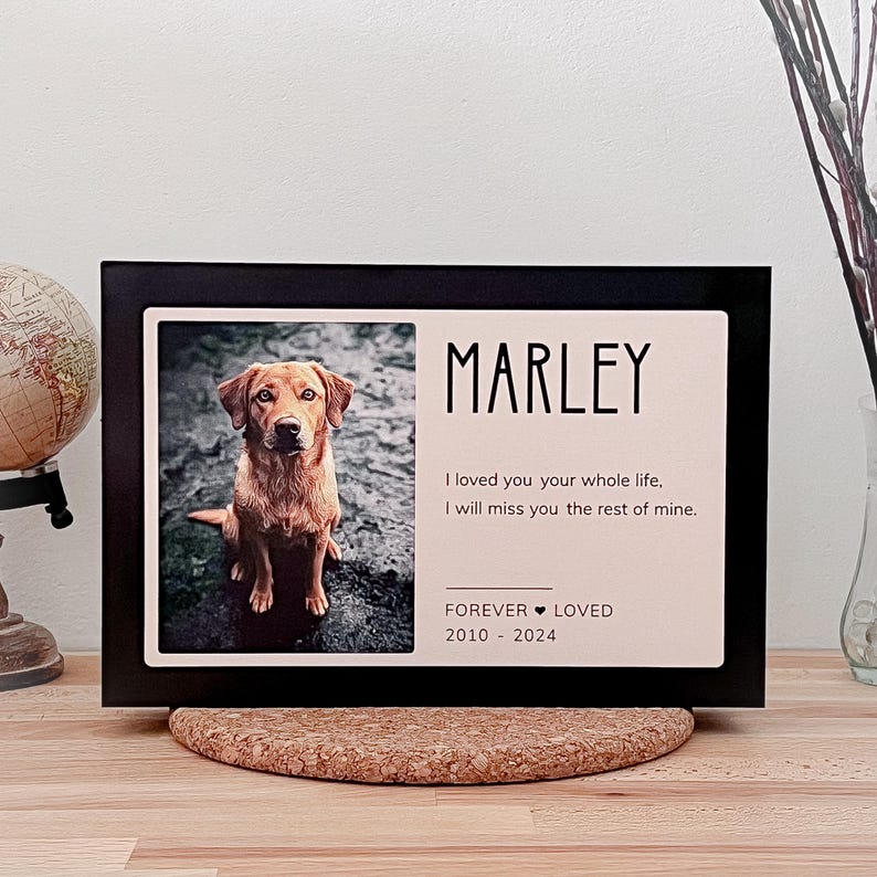 May include: Black wooden plaque with a photo of a brown dog and the text "MARLEY", "I loved you your whole life, I will miss you the rest of mine." and "FOREVER LOVED 2010 - 2024".