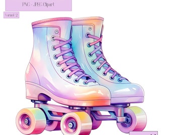 90s Rollerskates V2 Watercolor PNG Commercial Use Clip Art, Pastel 80s Clipart PNG, POD Allowed, Dreamy Vintage Watercolor Illustration