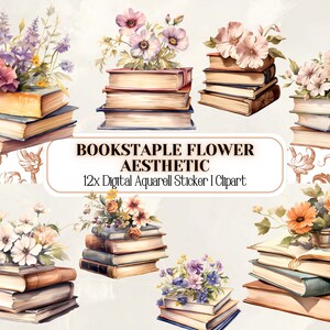 Watercolor Book Stack with Flowers Clipart Bundle I Floral PNG Clipart I Instant Download for Bullet Journals, Scrapbooking, Notes