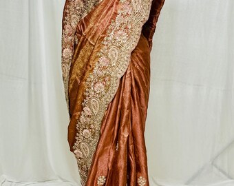 Rust Gold Jacquard Saree with Hand Embroidery Blouse: Indian Wedding Saree, Festive Party Wear