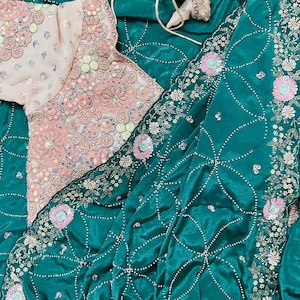 Hand embroidered sea green saree  with designer stitched baby pink blouse!!!