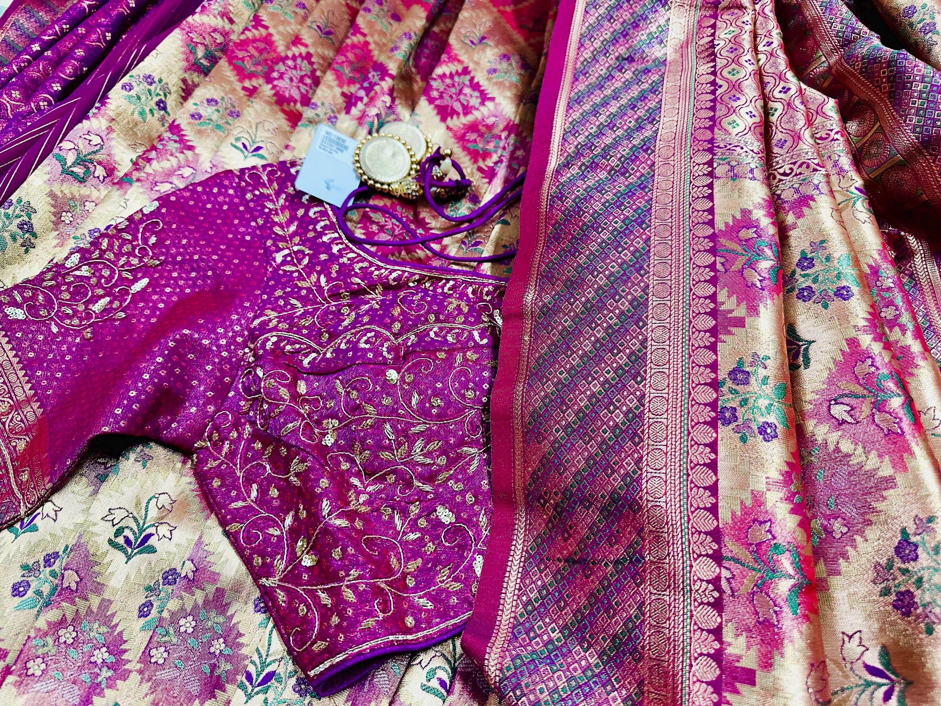 Golden Pink Semi Kanjeevaram Silk Saree with Embroidered Blouse: Indian Wedding Saree, Party Wear