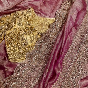 Designer Pink and Gold Tissue Saree with Matte Gold Beaded Blouse – Wedding Guest Outfit