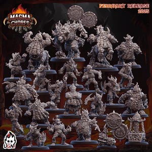 May include: A collection of grey fantasy miniature figurines featuring various creatures, including horned warriors, armoured beings, and small goblins. The image includes the text Magma Chorfs, February Release 2025, Prone, and Stunned on circular tokens.