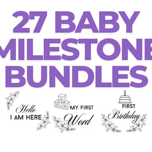 Lot de 27 cartes jalons bébé : statistiques mensuelles sur les bébés et les premières images de Bonjour tout le monde, fichiers PNG PDF