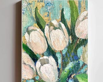 Tulipas brancas: impressão em tela artística: decoração botânica azul e dourada