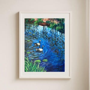 Dipinto originale di uno stagno di anatre – Acrilico su carta A4 – Arte murale con paesaggio di animali selvatici – Scena acquatica naturale – Opera d'arte con uccelli acquatici blu