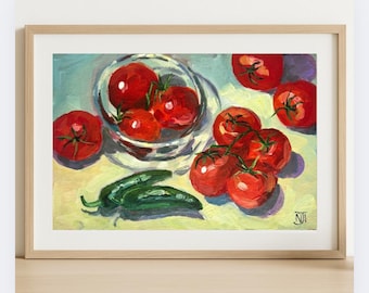 Pintura original de tomate: Naturaleza muerta, arte acrílico, sin marco