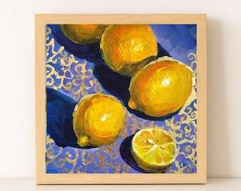 Original Lemon Painting: Acrylic Still Life with Gold Leaf