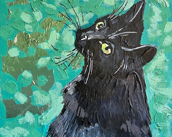 Original akrylmålning med svart katt på turkos – väggkonst med bladguld och sandtextur