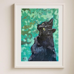 Pintura acrílica original de gato preto pintada à mão sobre turquesa – arte de parede com textura de folha de ouro e areia