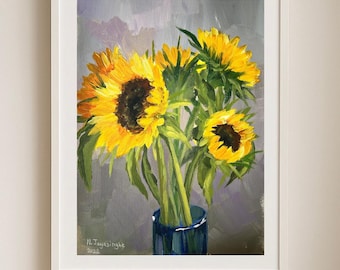 Pintura de ramo de girasoles: bodegón impresionista, arte acrílico sobre lienzo