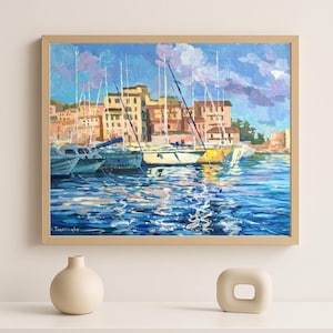 Original acrylic painting of sailing boats in a small port in Corsica, hand painted, framed
