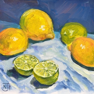 Peinture acrylique originale d'agrumes « Citrons et limes », peinte à la main sur du carton entoilé, sans cadre, livraison gratuite