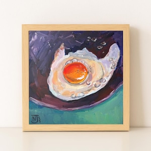 Original acrylic painting of an egg fried in a frying pan, hand painted by artist, unframed, free shipping
