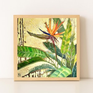 バードオブパラダイスオリジナル絵画 - 手描き - トロピカルフラワーペインティング、植物テクスチャキャンバス、ジャングルの自然のホームデコレーション