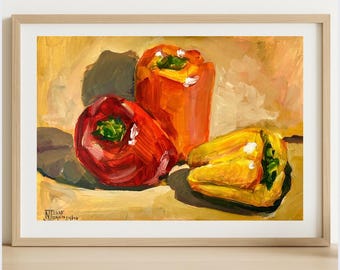 Pintura acrílica original de pimientos: arte colorido para la pared de la cocina