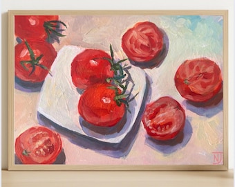 Peinture acrylique originale de tomate : art de cuisine de nature morte