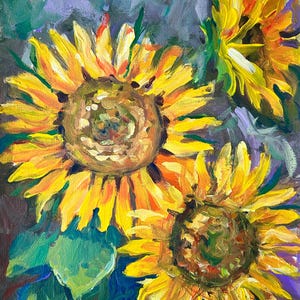 ひまわりのアクリル画オリジナル、キャンバスウォールアート8x8、質感