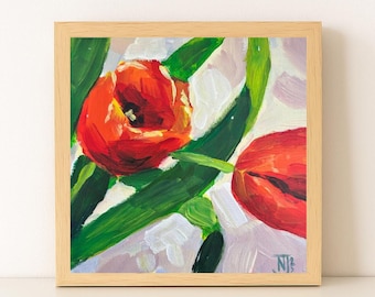Dipinto originale acrilico di tulipano rosso, piccola opera floreale su tela (15 x 15 cm)