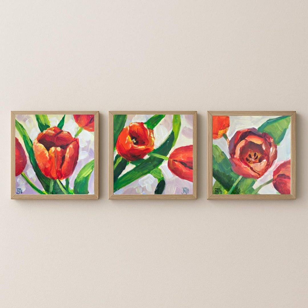 Red Tulips Acrylic Painting Triptych: Modern Floral Botanical Art - Etsy
