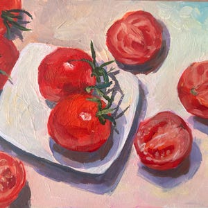 Pintura acrílica original de tomates ‘Tomates e um sauser’, veja mais na minha loja…, pintada à mão, única, sem moldura, frete grátis